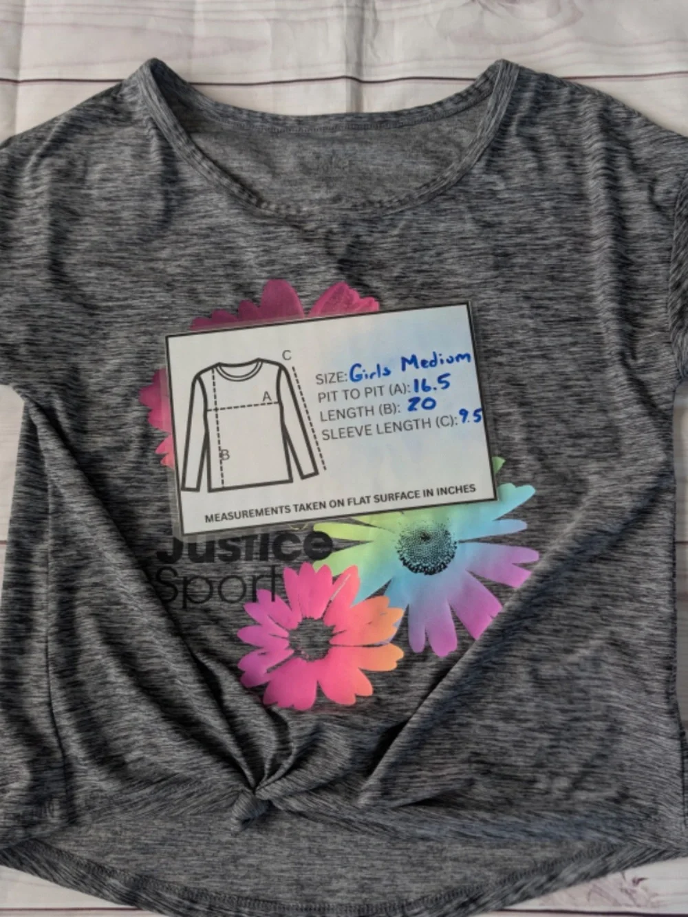 Justice Sport Girls Size M Active Shirt Top Multicolor floral gray Short sleeve